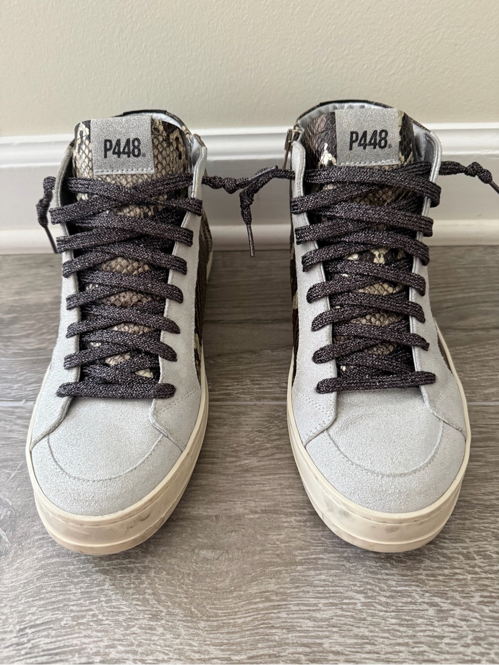 P448 Gray Suede High-Top Sneakers with Snake-Print Panels